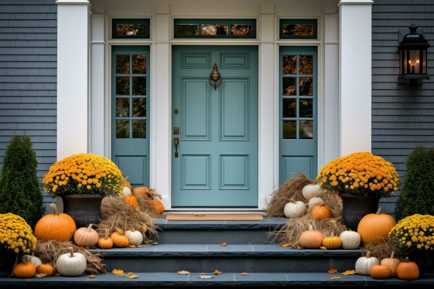 Vorderseite Tür mit fallen Dekor, Kürbisse und Herbstthema Dekorationen foto