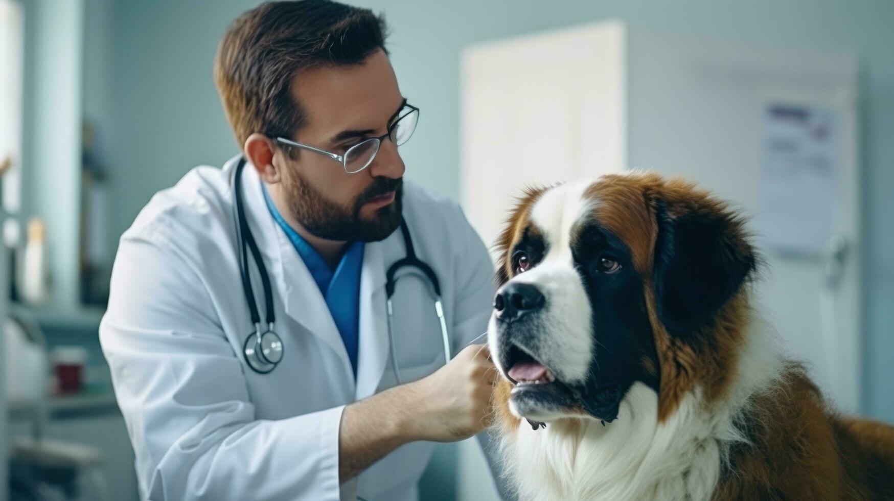 ein Tierarzt im ein Klinik suchen beim ein Hund foto