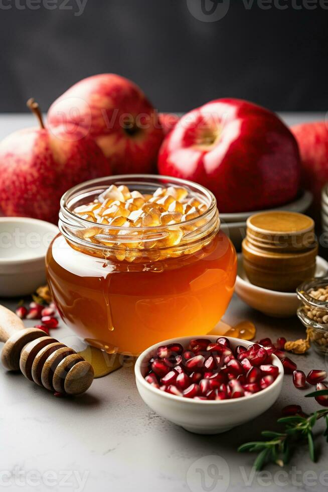 rosh hashanah Konzept jüdisch Neu Jahr. traditionell Symbole. generativ ai foto