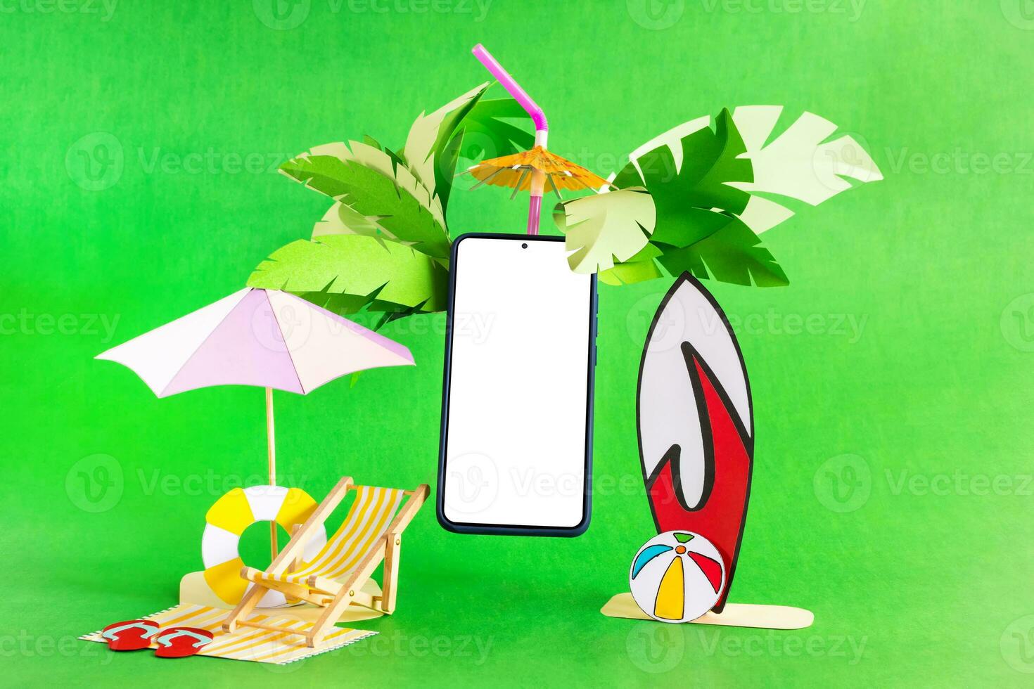 Handy, Mobiltelefon Telefon und tropisch Sommer- Szene. Pastell- farbig Schnitt Papier. Banner von das Sommer- Reise Jahreszeit. foto