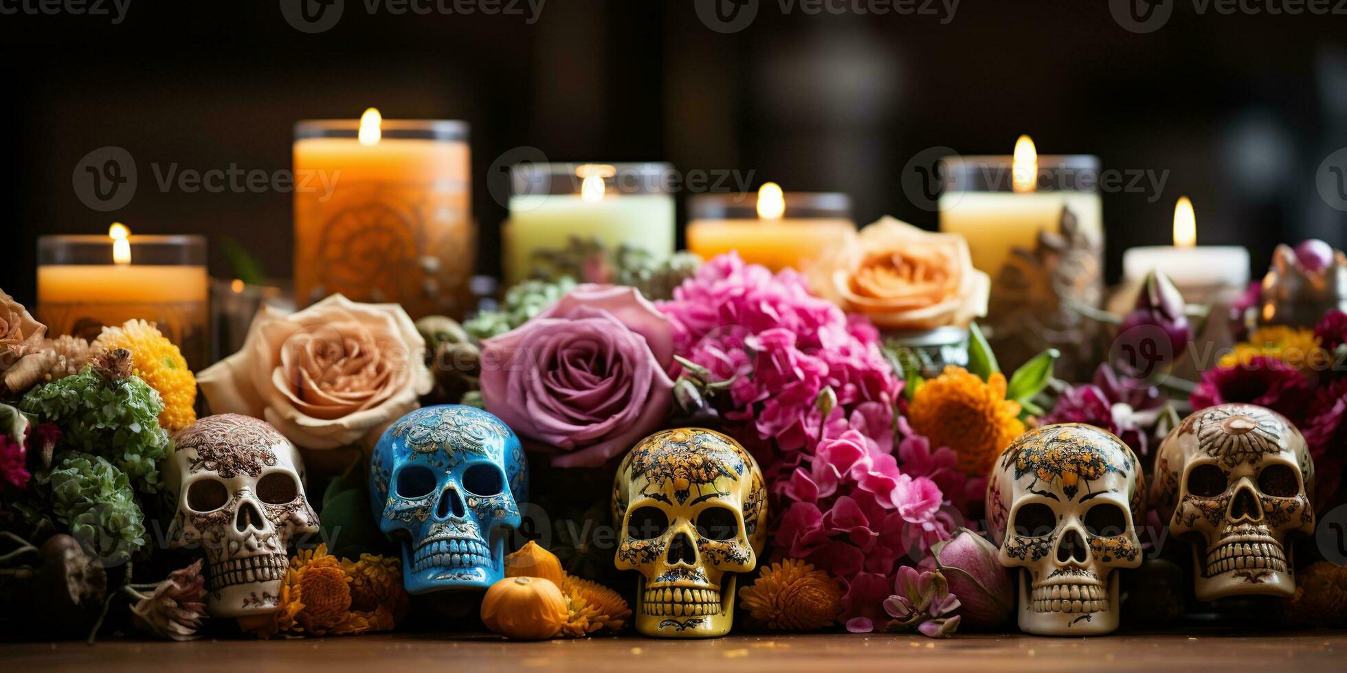 Tag von das tot Altar mit Kerze, Essen und Blumen. generativ ai foto