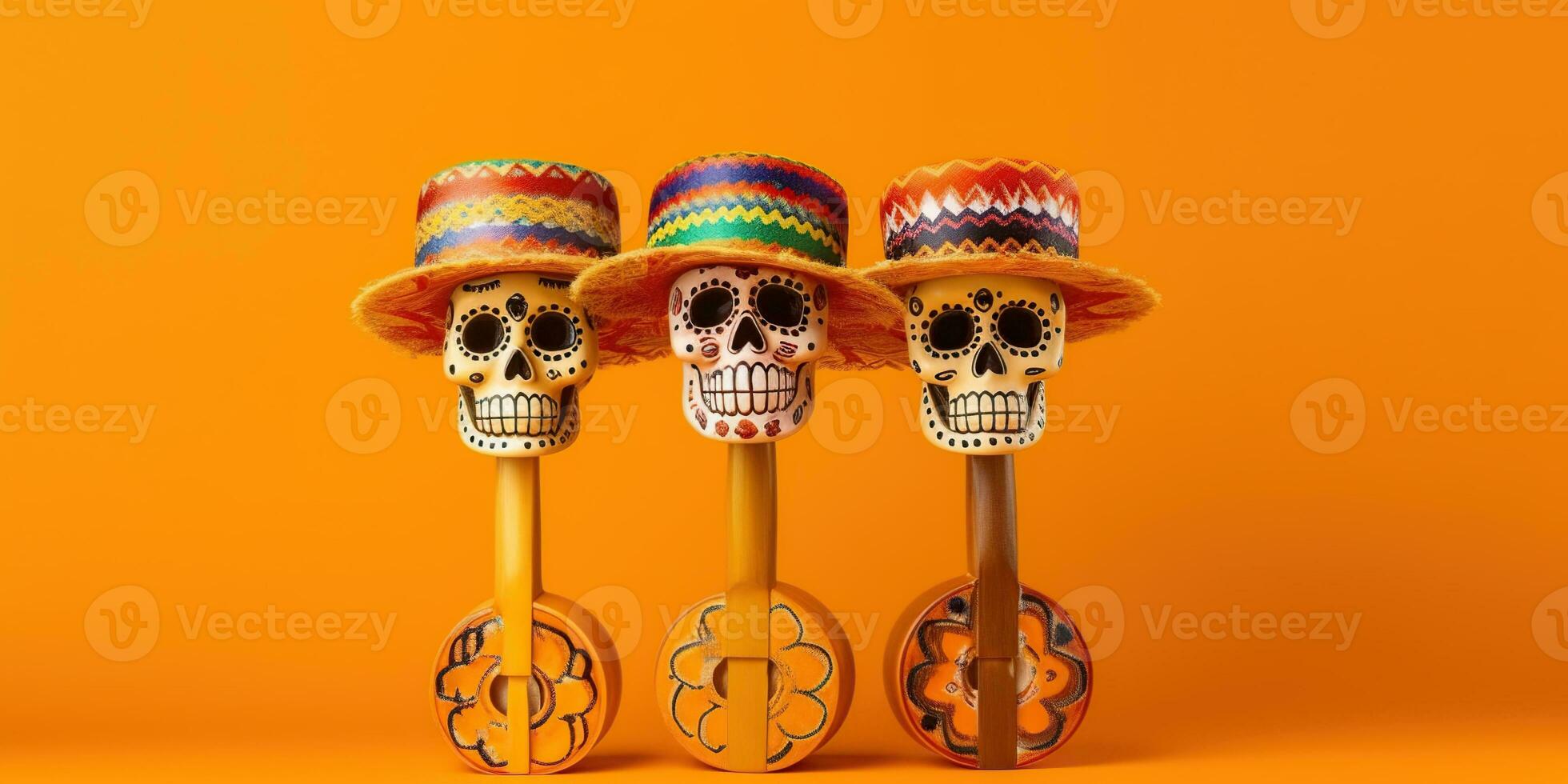 Mexikaner Schädel Maracas mit Hut. generativ ai foto