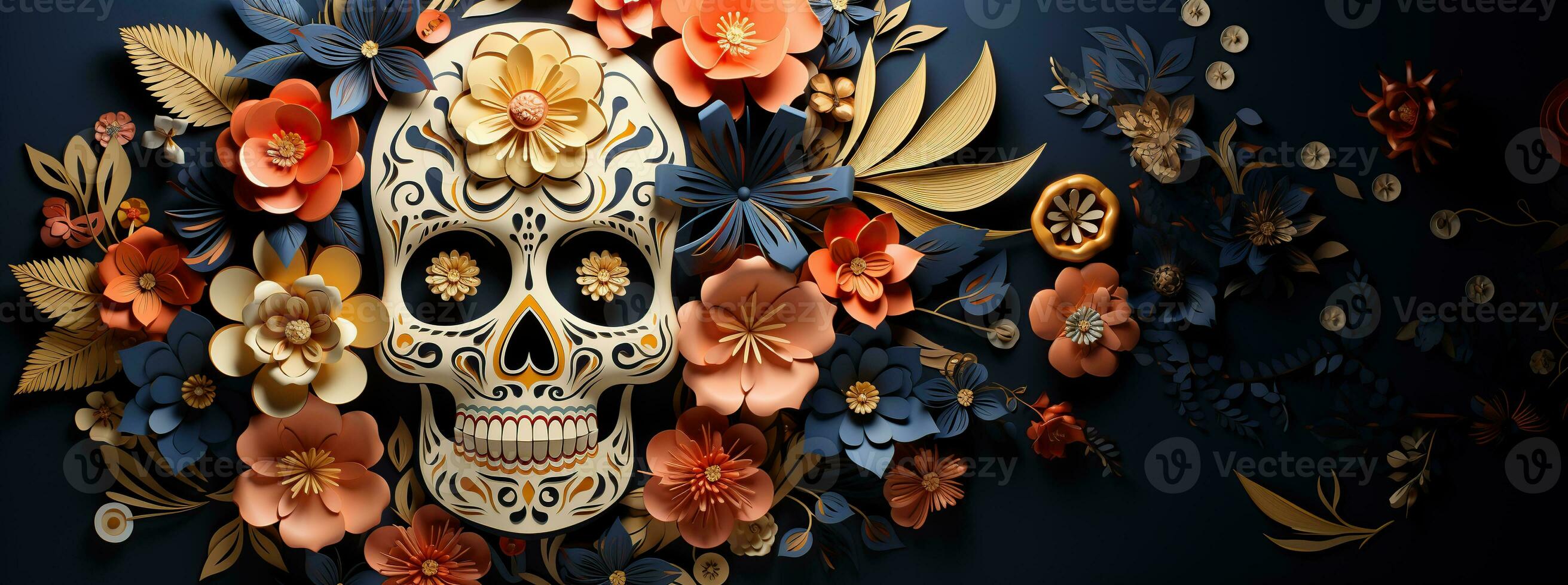 Mexikaner Katrina Schädel Maske dekoriert mit Blumen typisch von das dia de los Muertos. generativ ai foto