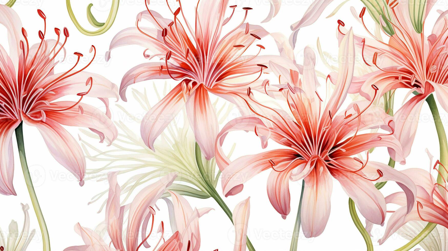 nahtlos Muster von Spinne Lilie Blume im Aquarell Stil isoliert auf Weiß Hintergrund. Spinne Lilie Blume Textur Hintergrund. generativ ai foto