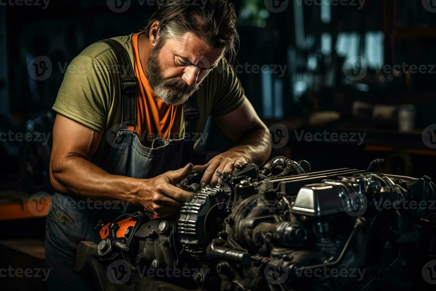 langhaarig Mechaniker reparieren ein Motor- Fahrzeug Motor im ein Auto Reparatur Geschäft foto