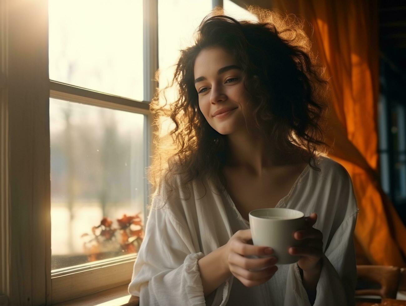 ein Mädchen ist Sitzung beim das Veranda mit ein Tasse von Kaffee foto