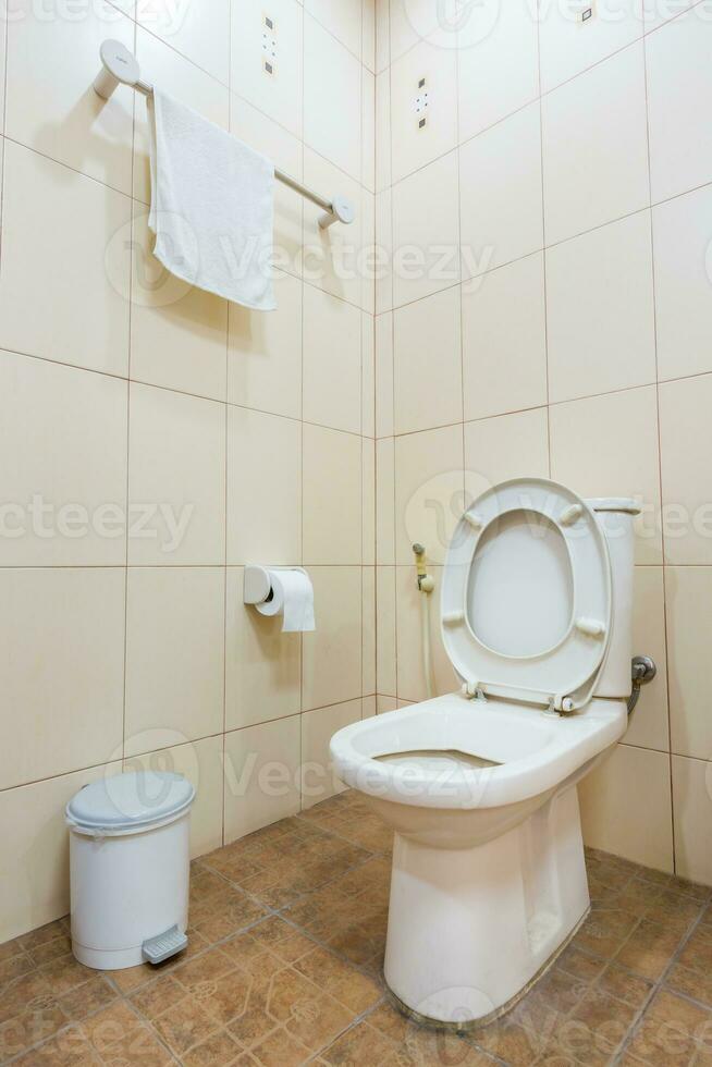 Toilette Schüssel und Toilette Papier im das Badezimmer. foto