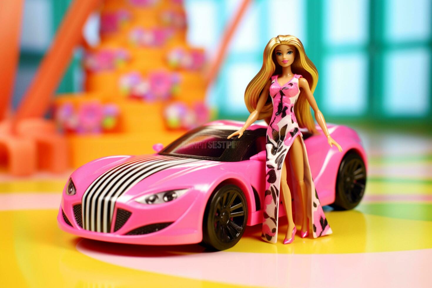 ein Barbie Puppe ist Sitzung auf ein Rosa Auto foto