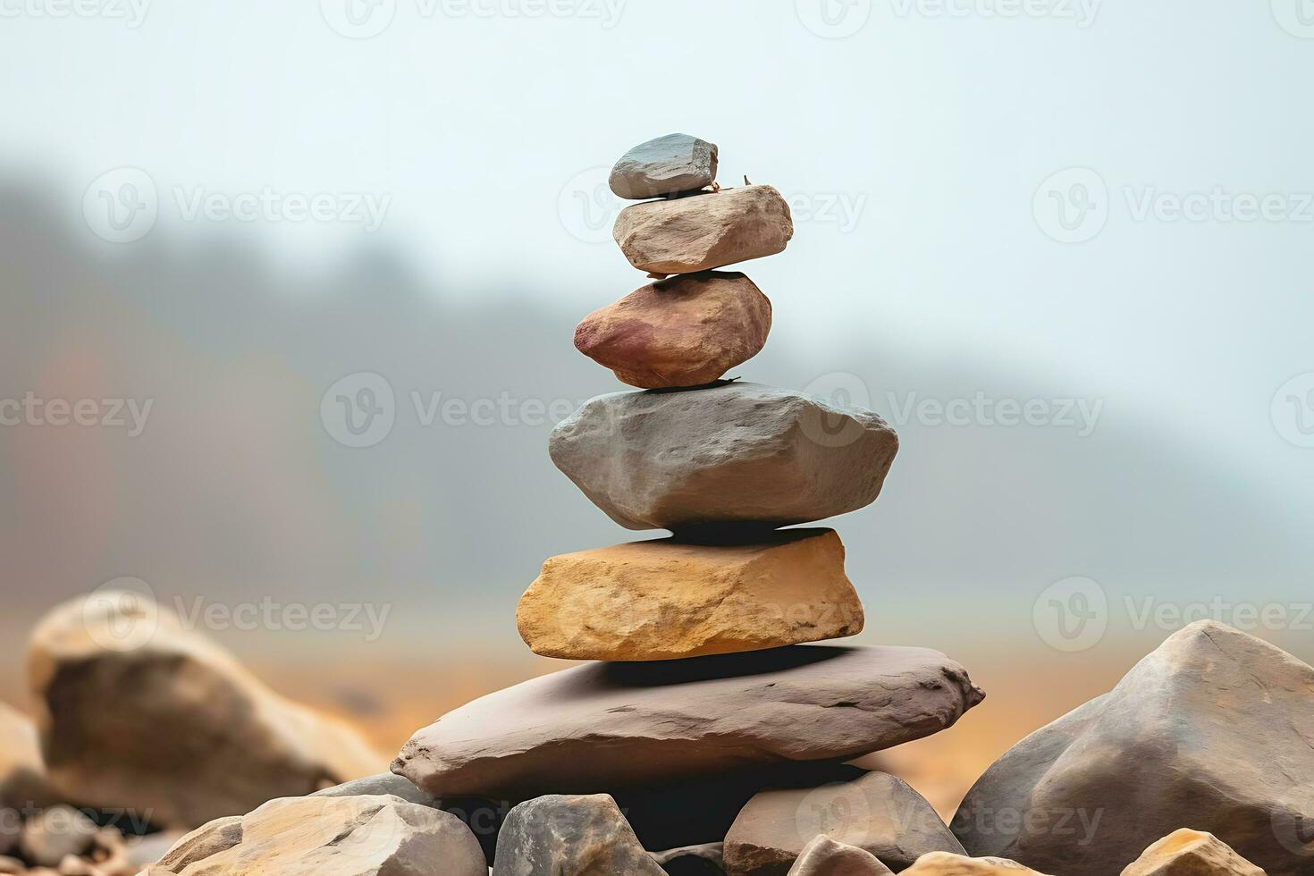 Stapel von ausgewogen Felsen um Stapel von Felsen. ai generiert. foto