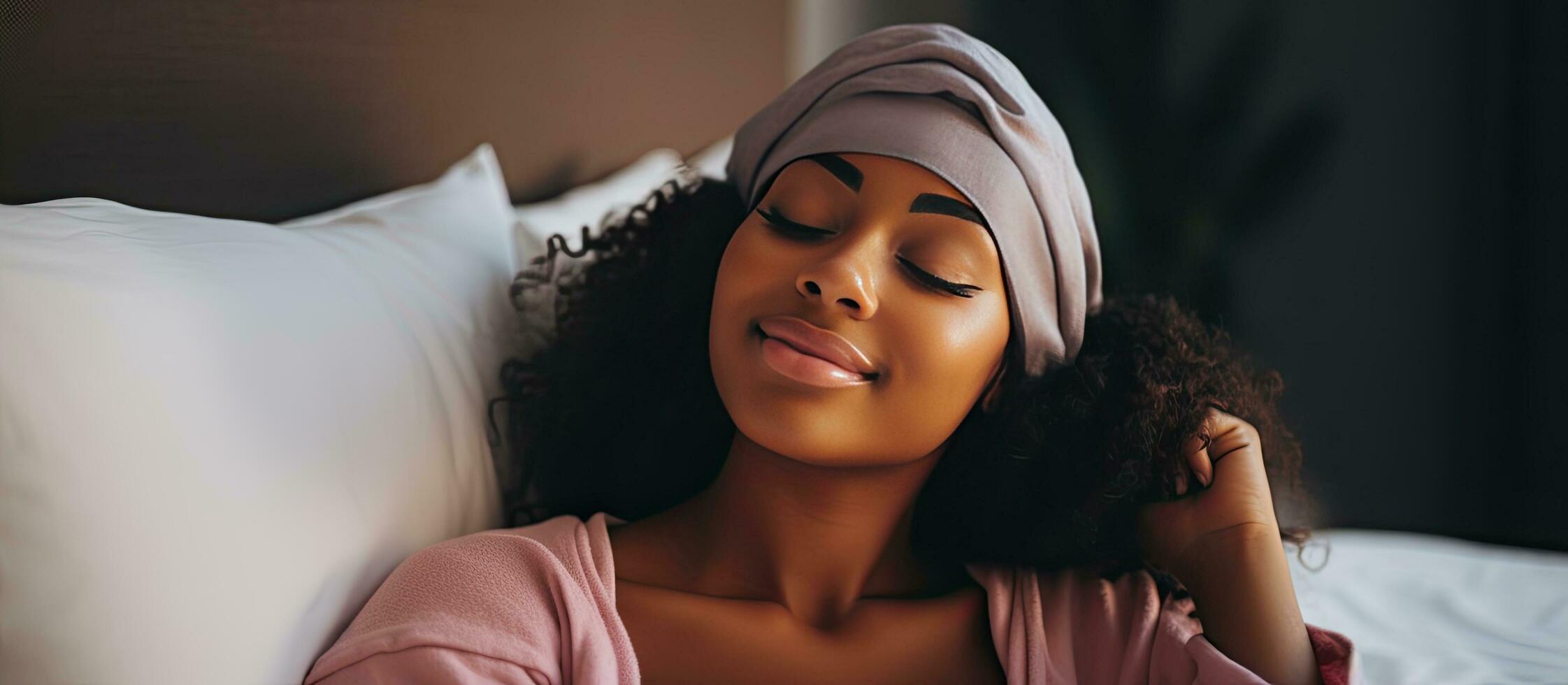 jung schwarz Frau entspannend im Bett beim Zuhause nach aufwachen oben glücklich afrikanisch amerikanisch weiblich ruhen im Schlafzimmer suchen beim Kamera foto
