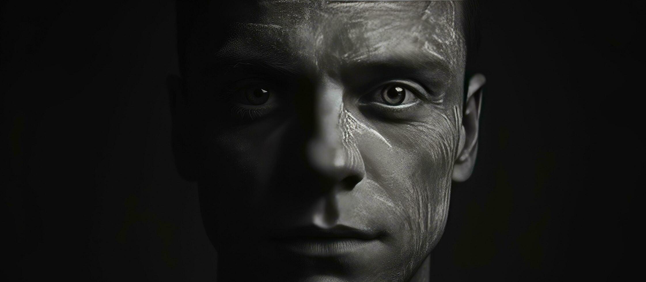 Nahansicht schwarz und Weiß Porträt von ein Mann mit Akne Narben isoliert auf ein schwarz Hintergrund foto