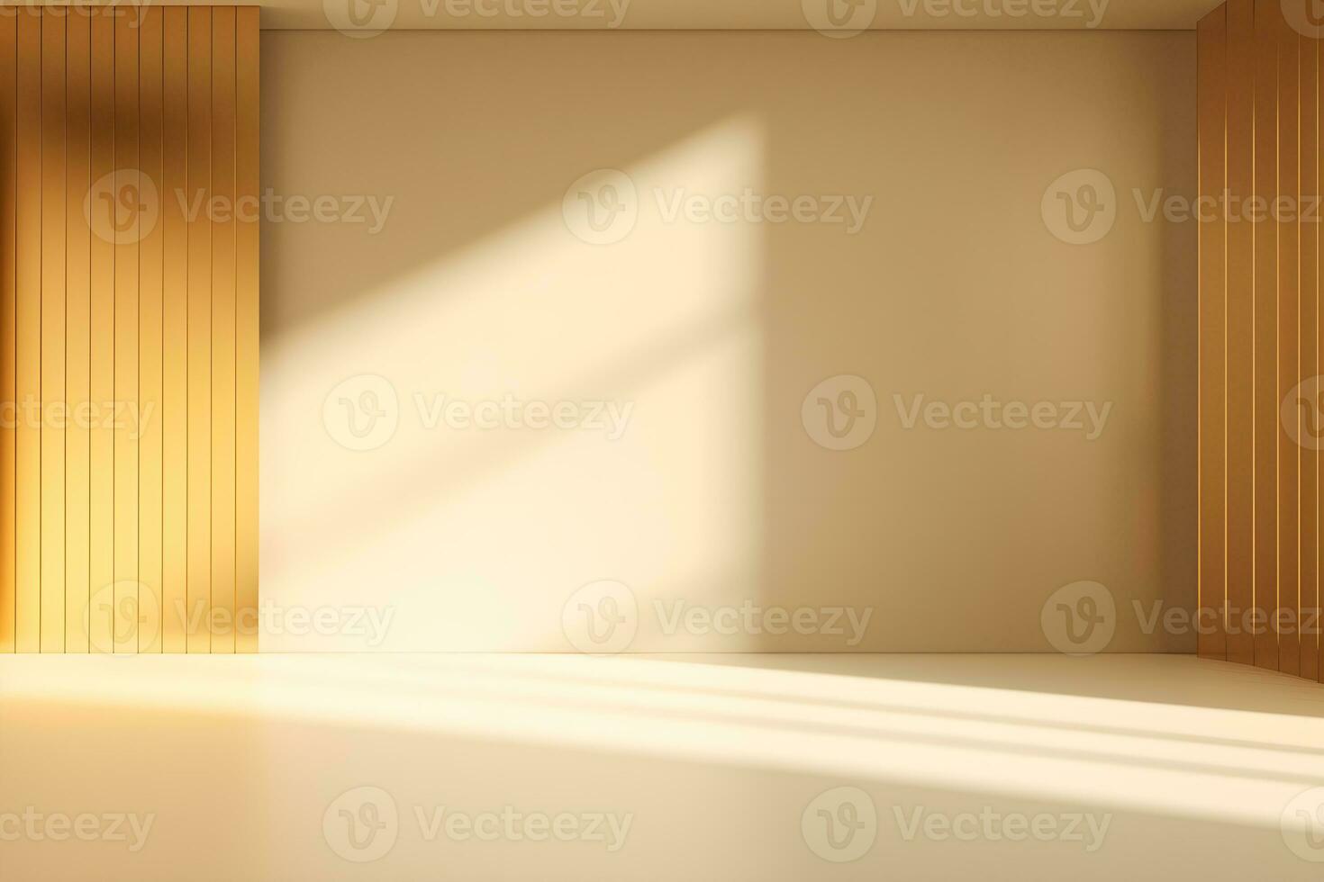 leer Bühne zum Anzeige von Präsentation Produkt mit Beige Mauer Zimmer mit Schatten und Licht von Fenster, im das Stil von minimalistisch Hintergrund, modern Innere Konzept, ai generieren foto