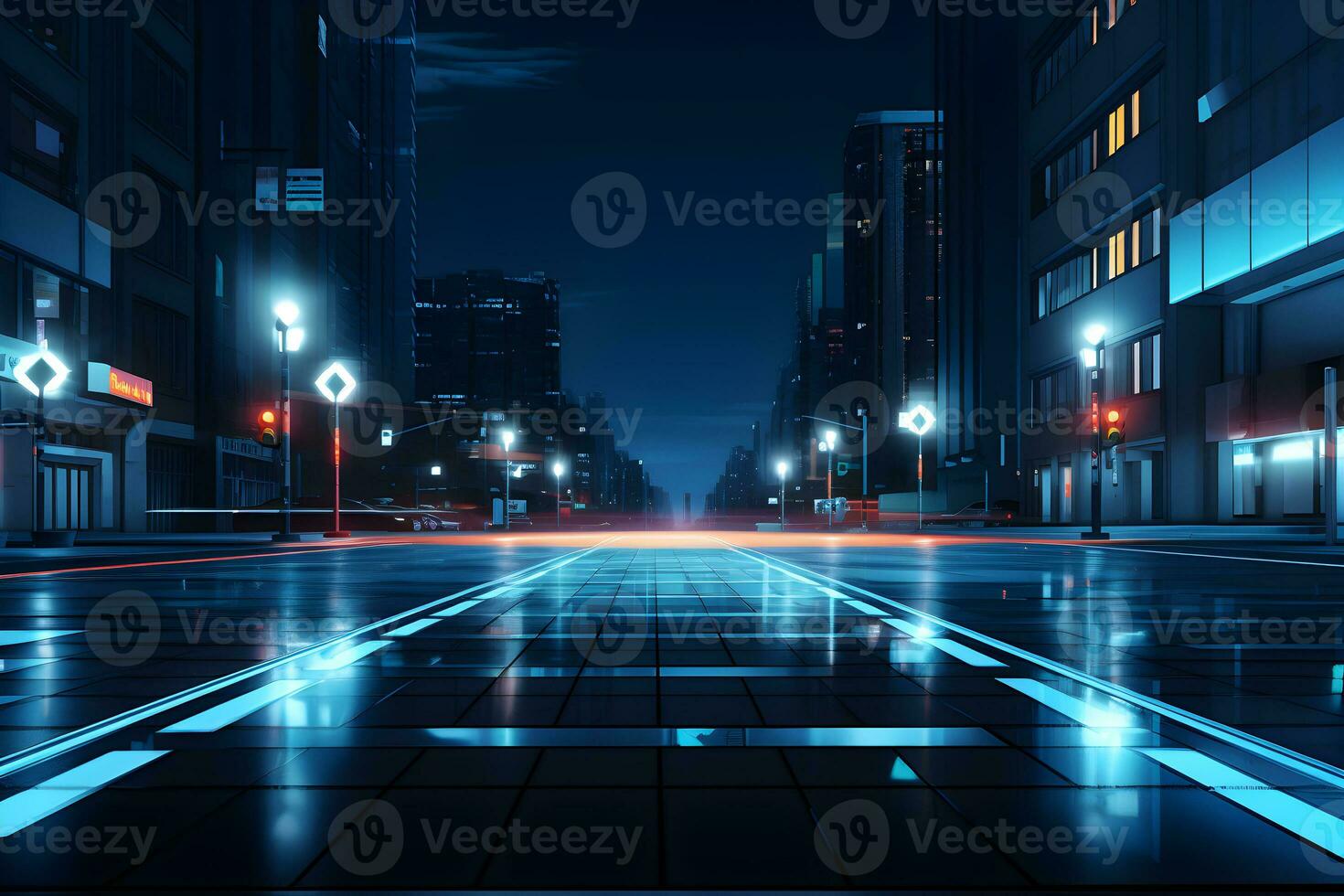 abstrakt Hintergrund mit Linien Horizont beim Nacht Technologie Hintergrund mit modern Gebäude und Stadt, ai generieren foto