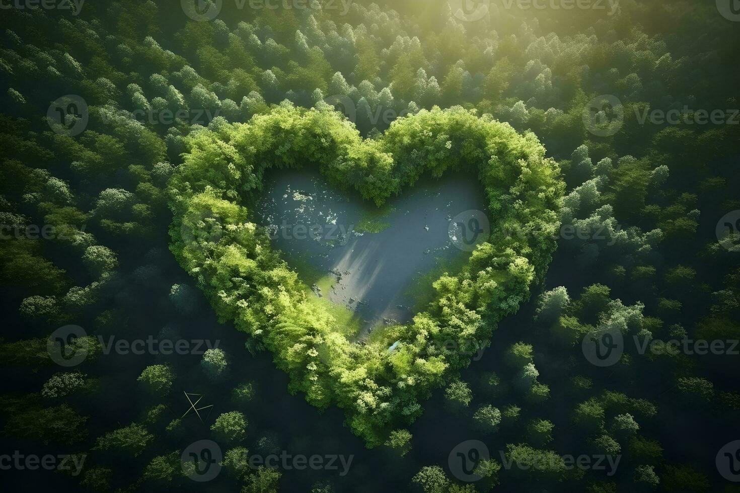 Antenne oben Aussicht Herz geformt Wald Baum, Regenwald Ökosystem und gesund Umgebung Konzept und Hintergrund, ai generieren foto