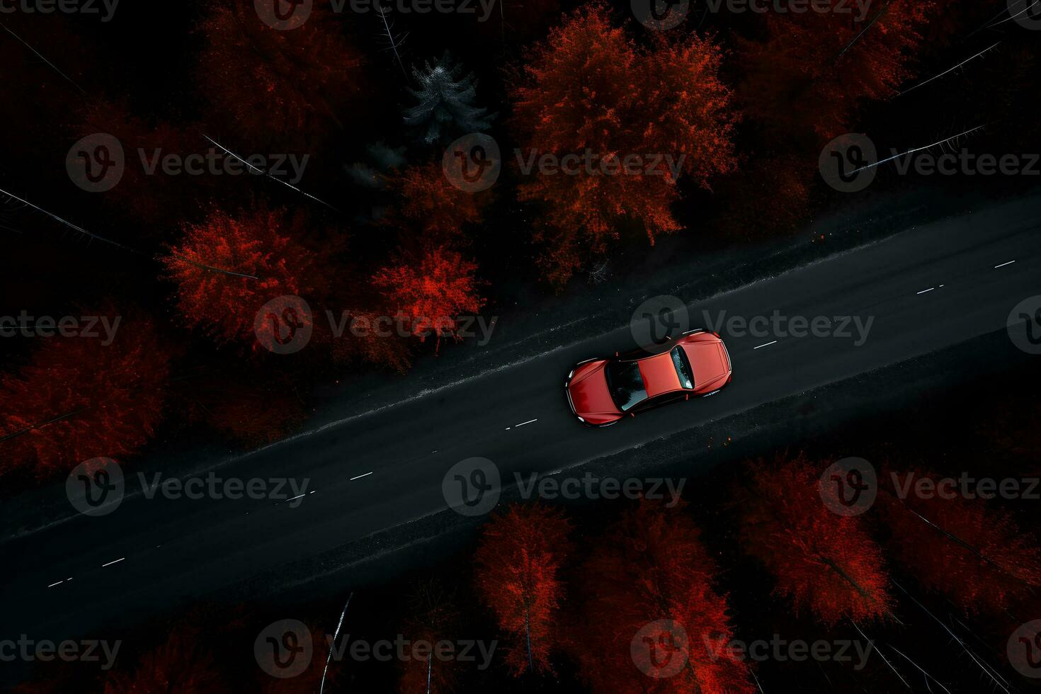 Straße durch das Grün Wald, Antenne Aussicht rot Auto Fahrt gehen durch Wald, Antenne oben Aussicht Wald, ai generieren foto