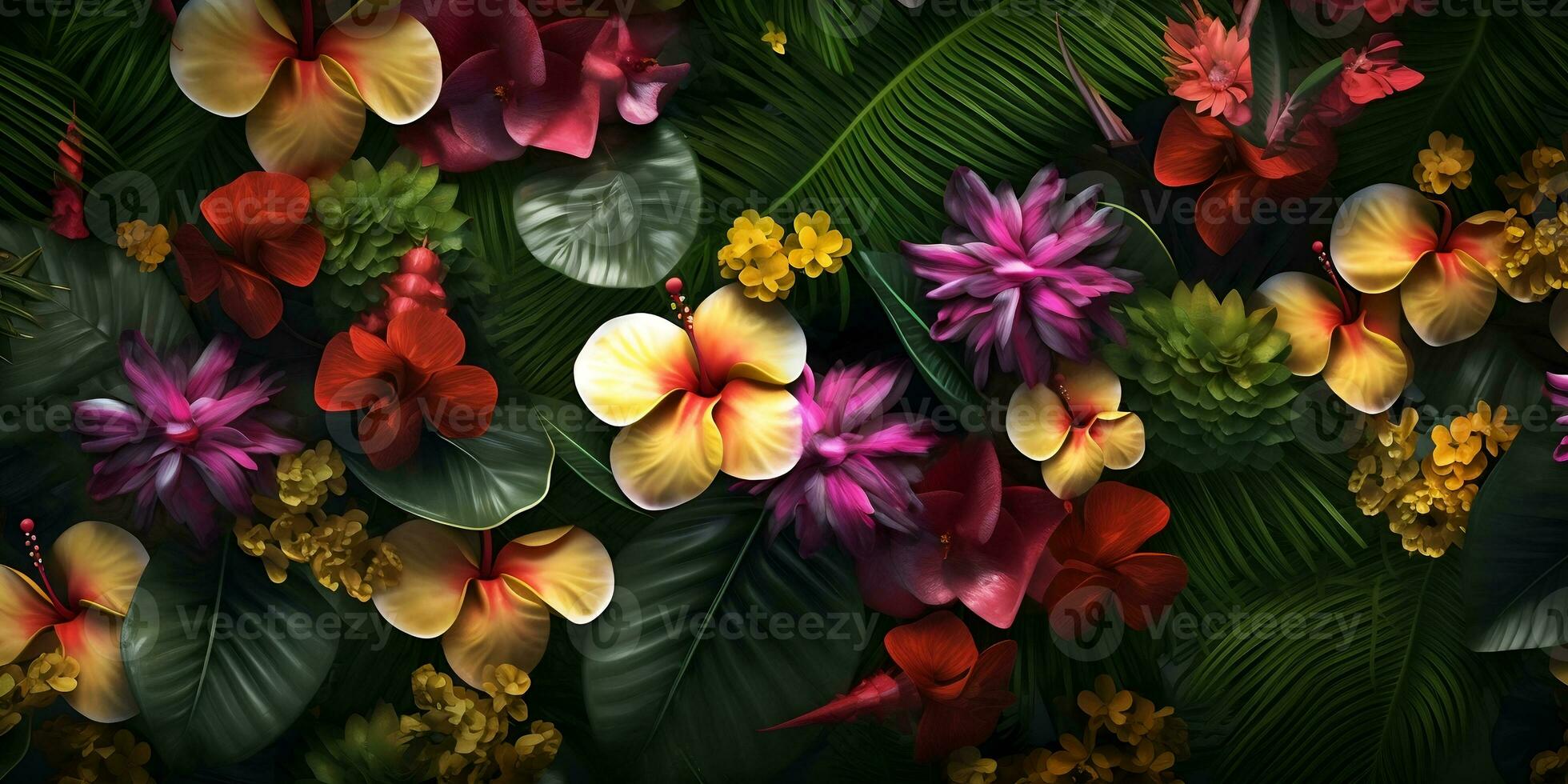 bunt Blumen im das Garten, oben Aussicht tropisch Blumen Pflanzen Hintergrund, ai generieren foto