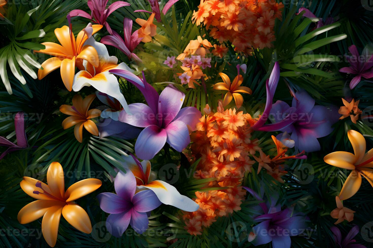 bunt Blumen im das Garten, oben Aussicht tropisch Blumen Pflanzen Hintergrund, ai generieren foto