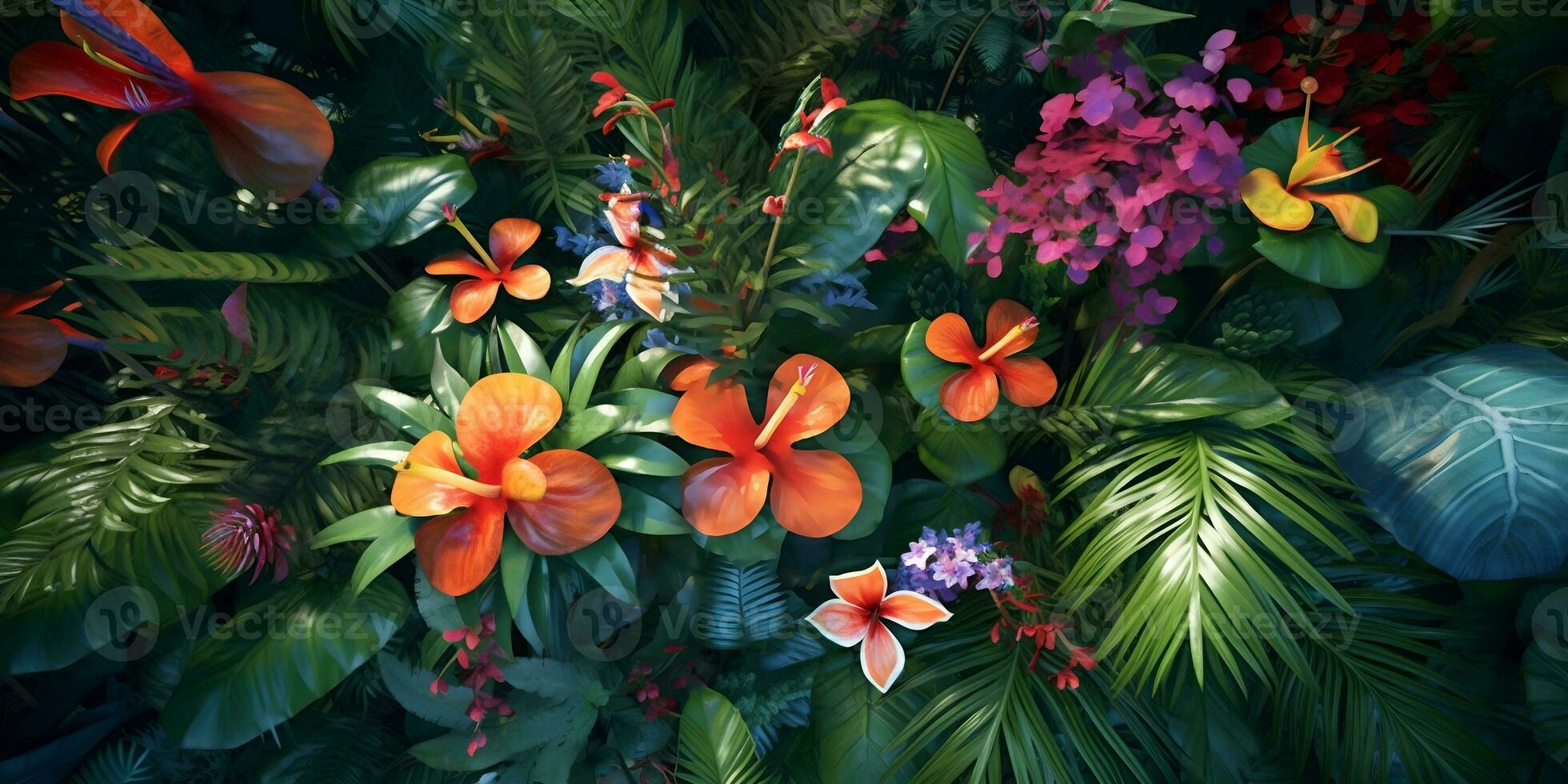 bunt Blumen im das Garten, oben Aussicht tropisch Blumen Pflanzen Hintergrund, ai generieren foto