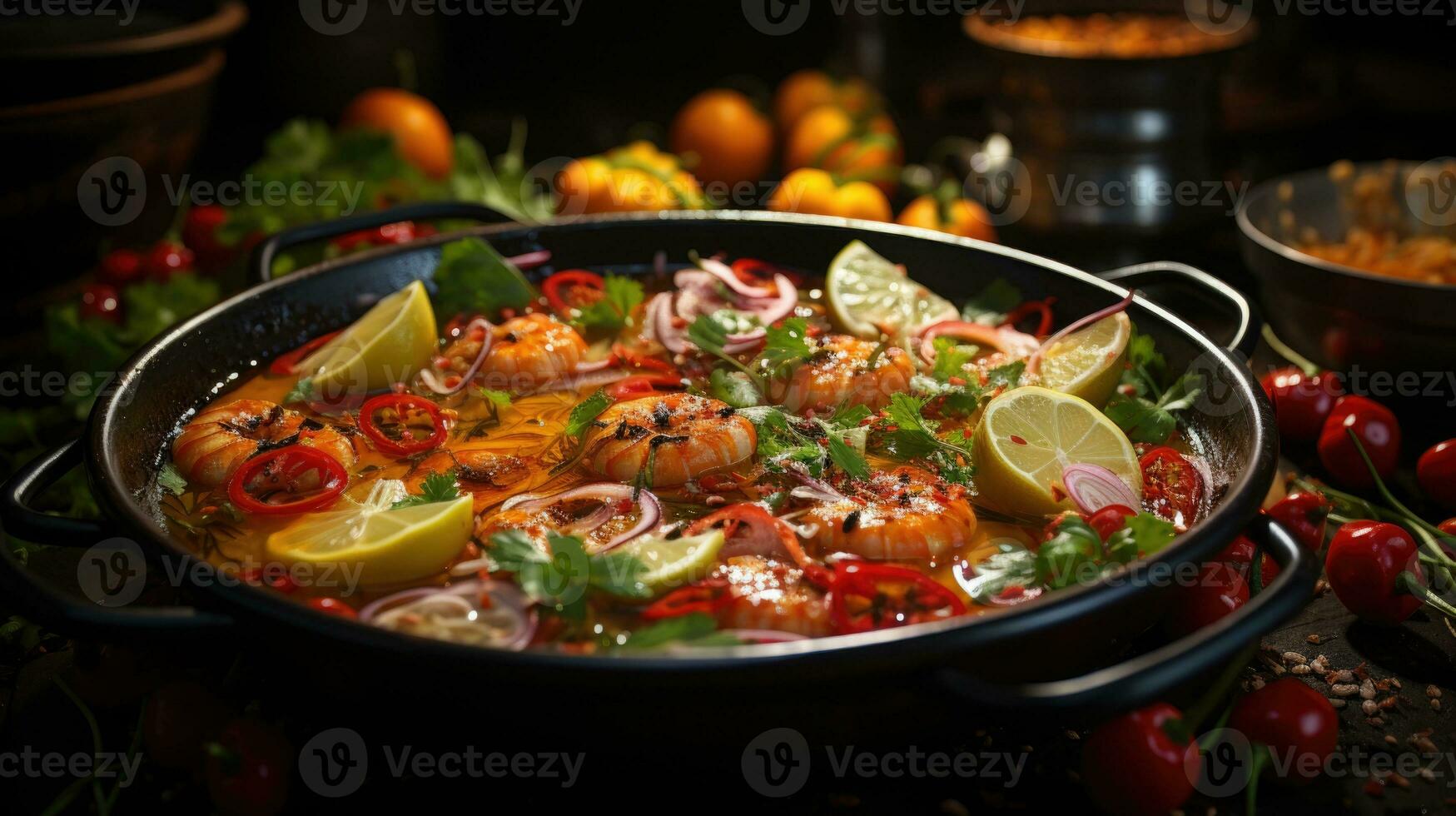 lecker Nahansicht Schuss von Tom lecker goong, ein Beliebt würzig Garnele Suppe von Thailand. erstellt mit generativ ai. foto