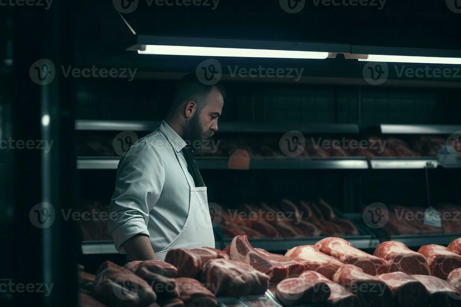 Metzger Fleisch Regale. generieren ai foto