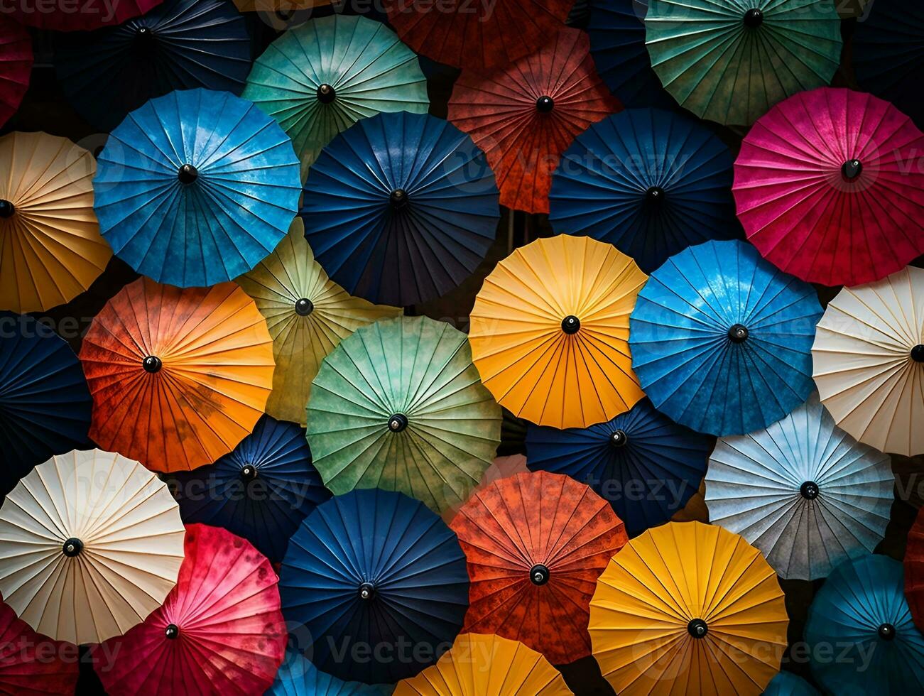 bunt Banner mit ein Bündel von Papier Regenschirme generativ ai foto