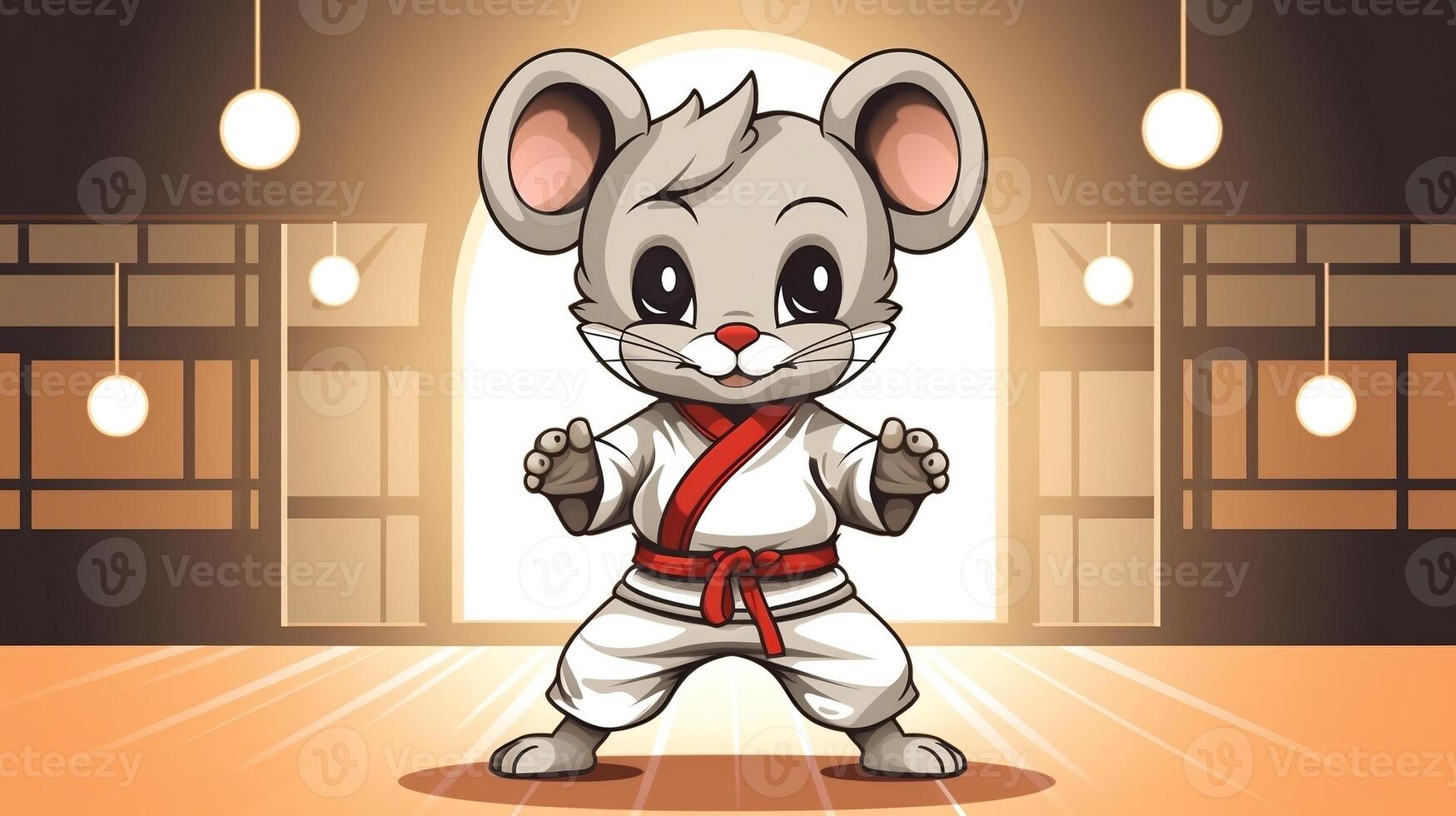 ein süß Maus Sport Maskottchen eben Illustration tragen ein Karate Uniform und spielen Karate generativ ai foto