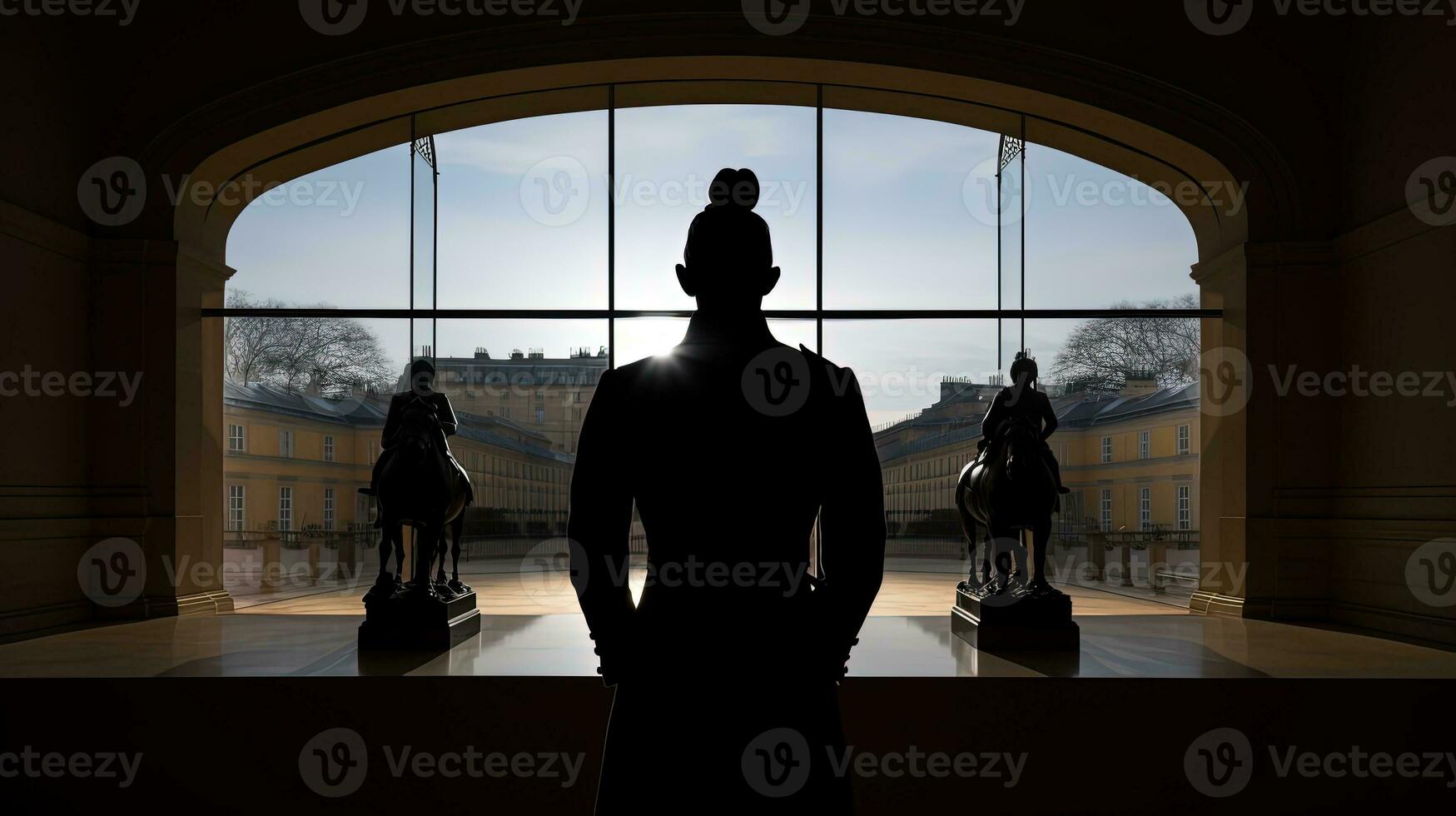 Statue von Napoleon Bonaparte gesehen von hinter beim Hotel des Invaliden im Paris Frankreich. Silhouette Konzept foto