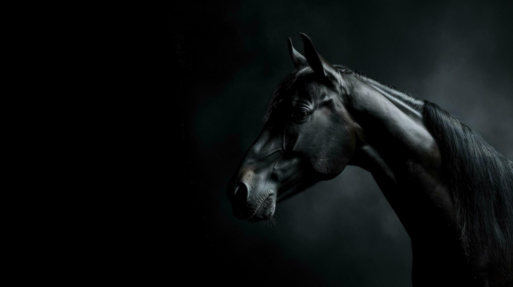 schwarz Pferd Porträt im niedrig Schlüssel Studio nach links Aussicht Motiv verschoben. Silhouette Konzept foto