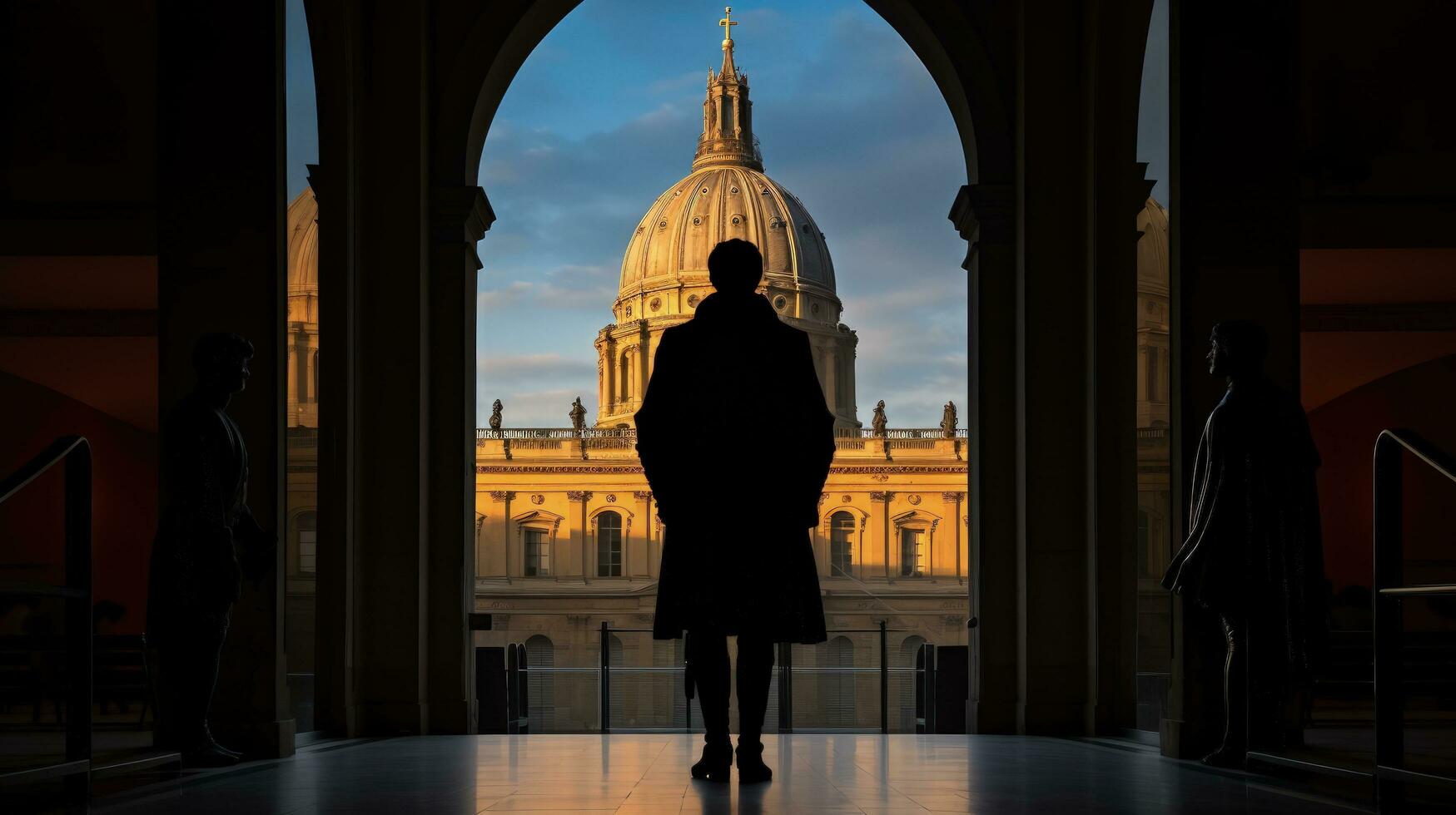 Statue von Napoleon Bonaparte gesehen von hinter beim Hotel des Invaliden im Paris Frankreich. Silhouette Konzept foto