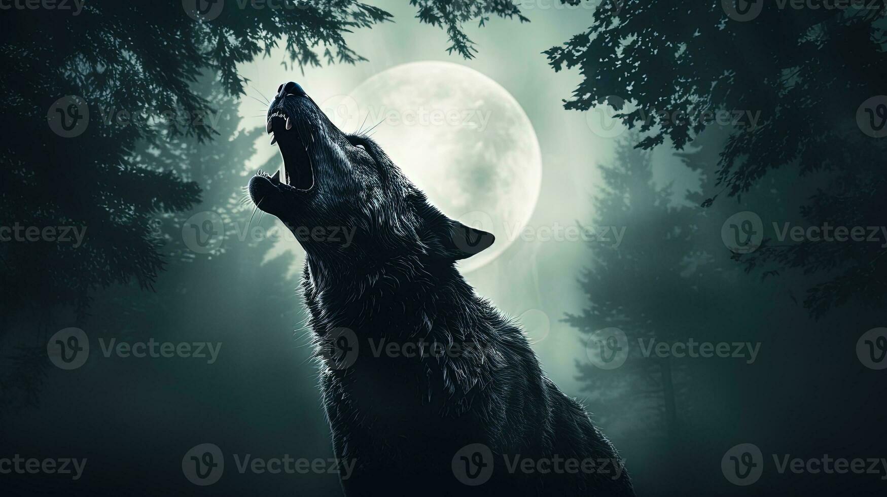 Wolf Heulen beim voll Mond im unheimlich Nebel Halloween Grusel Thema. Silhouette Konzept foto