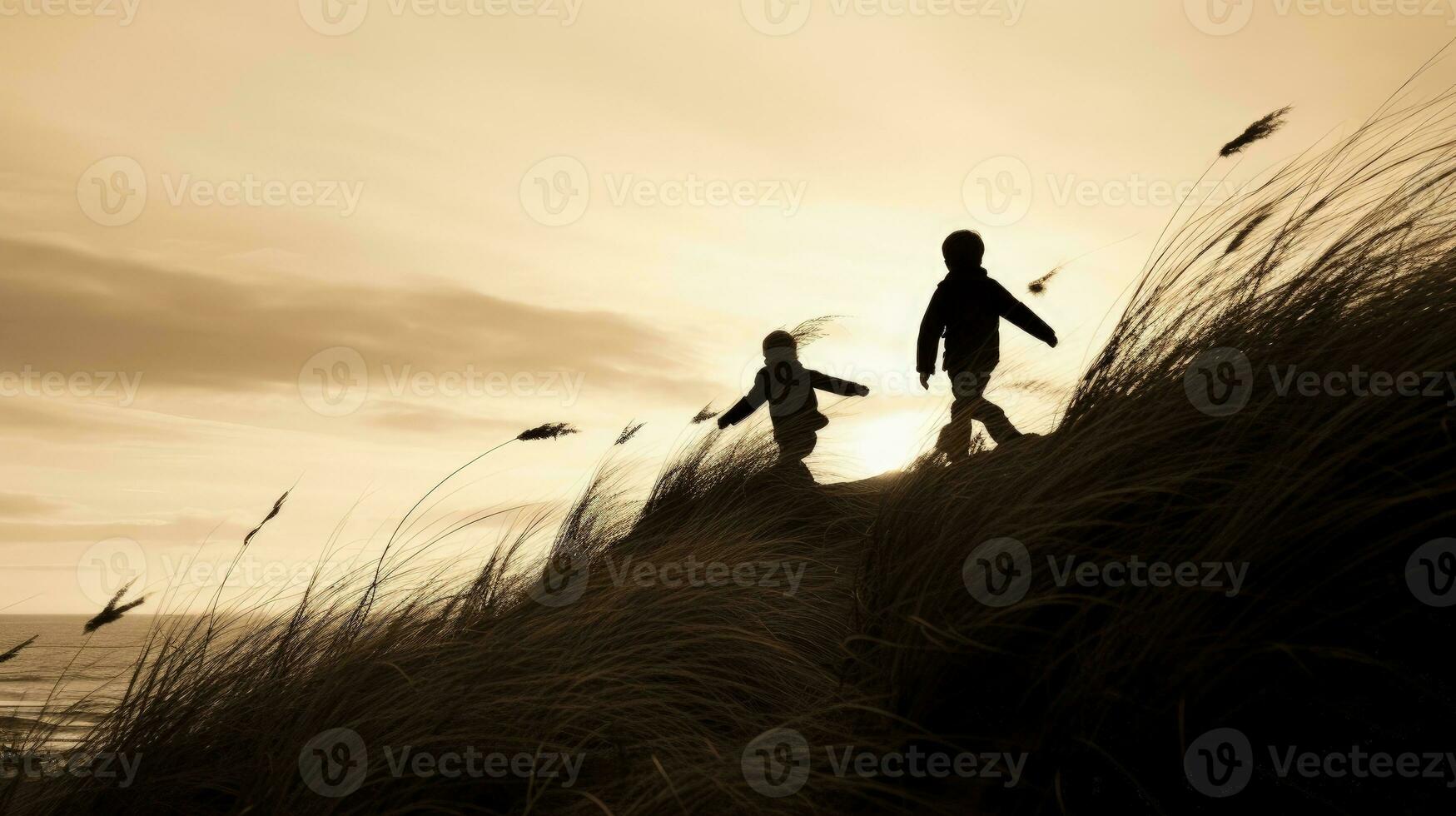 zwei Jungs Sprinten auf Sand Dünen in der Nähe von das Ozean beim Dämmerung mit ein Sepia getönt schwarz und Weiß Wirkung. Silhouette Konzept foto