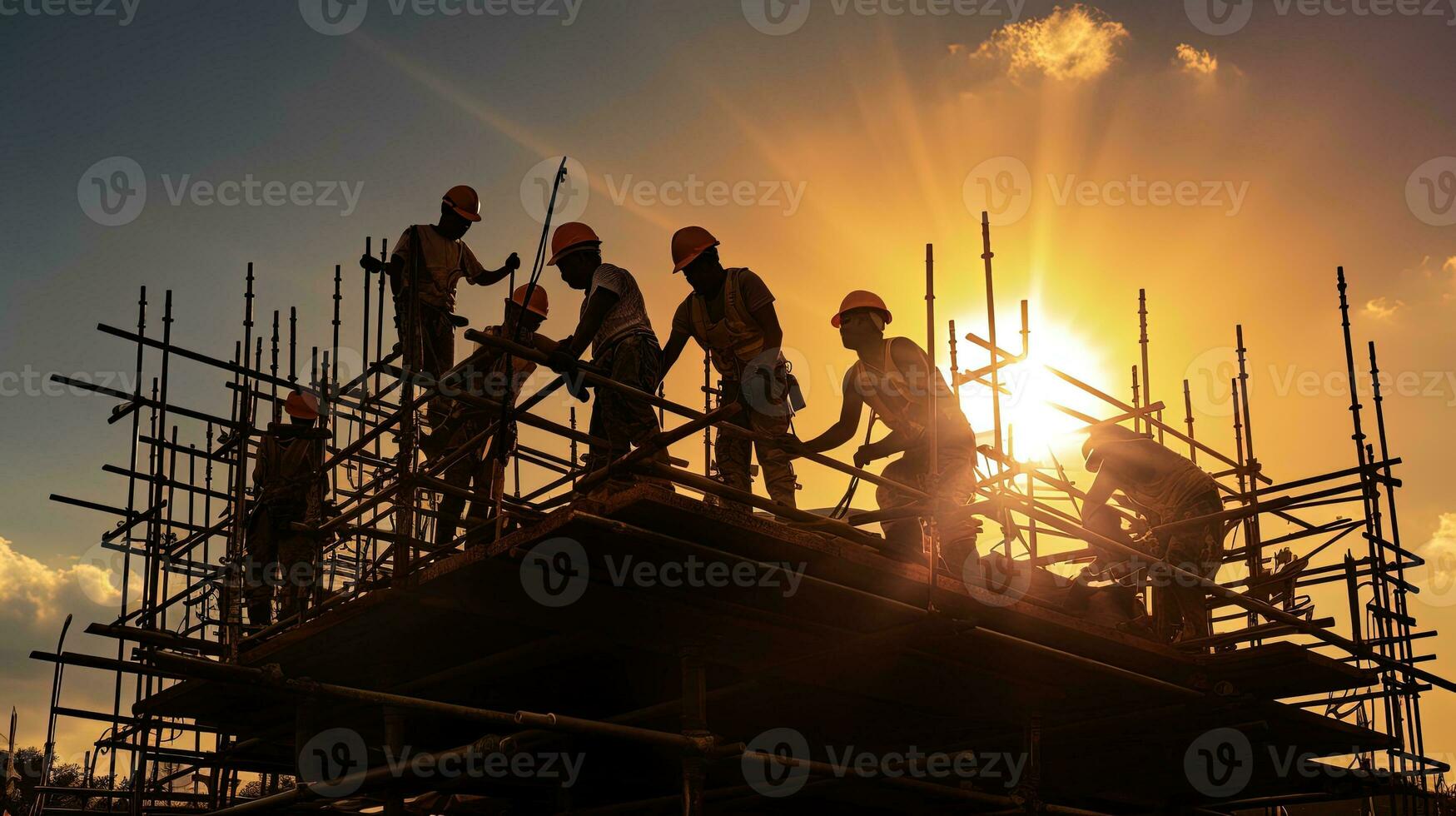 Konstruktion Arbeitskräfte auf Gerüst Arbeiten im heftig Sonnenlicht beschattet Silhouette foto