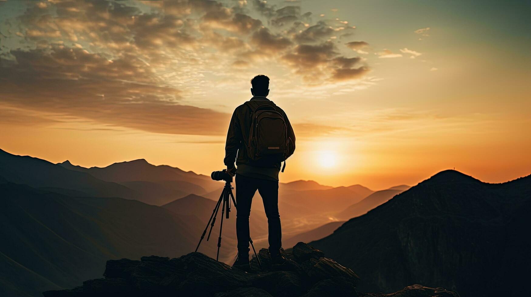 Berg Mann tragen grau Hemd und braun kurze Hose hält schwarz dslr Kamera. Silhouette Konzept foto