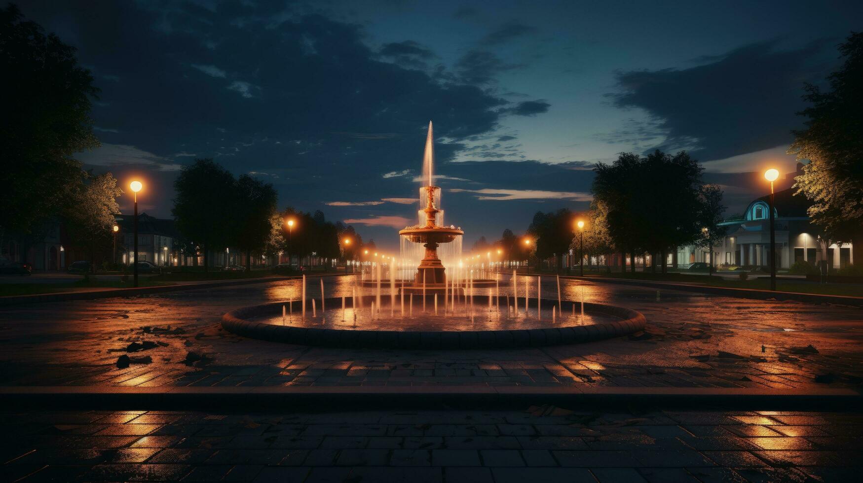 Abend Stadt von Sowjetsk im Kaliningrad Region mit ein Neu beleuchtet Brunnen gesehen von unter. Silhouette Konzept foto