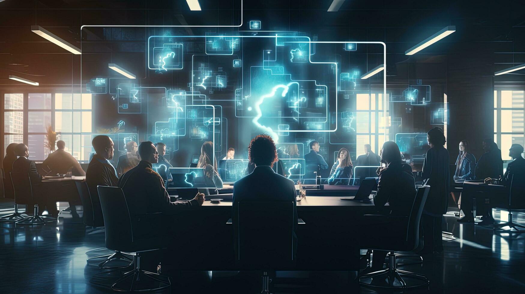 Zukunft Technologie Konzept abstrakt virtuell Frage Kennzeichen Hologramm auf modern Coworking Zimmer Hintergrund. Silhouette Konzept foto