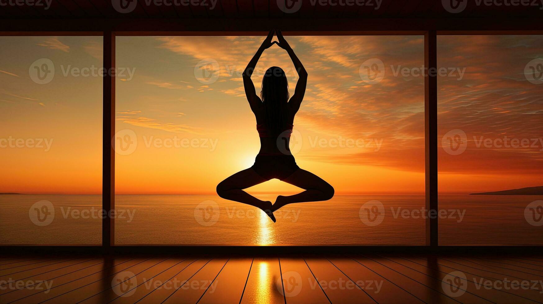 Morgen Silhouette von ein atemberaubend Yoga Dame foto