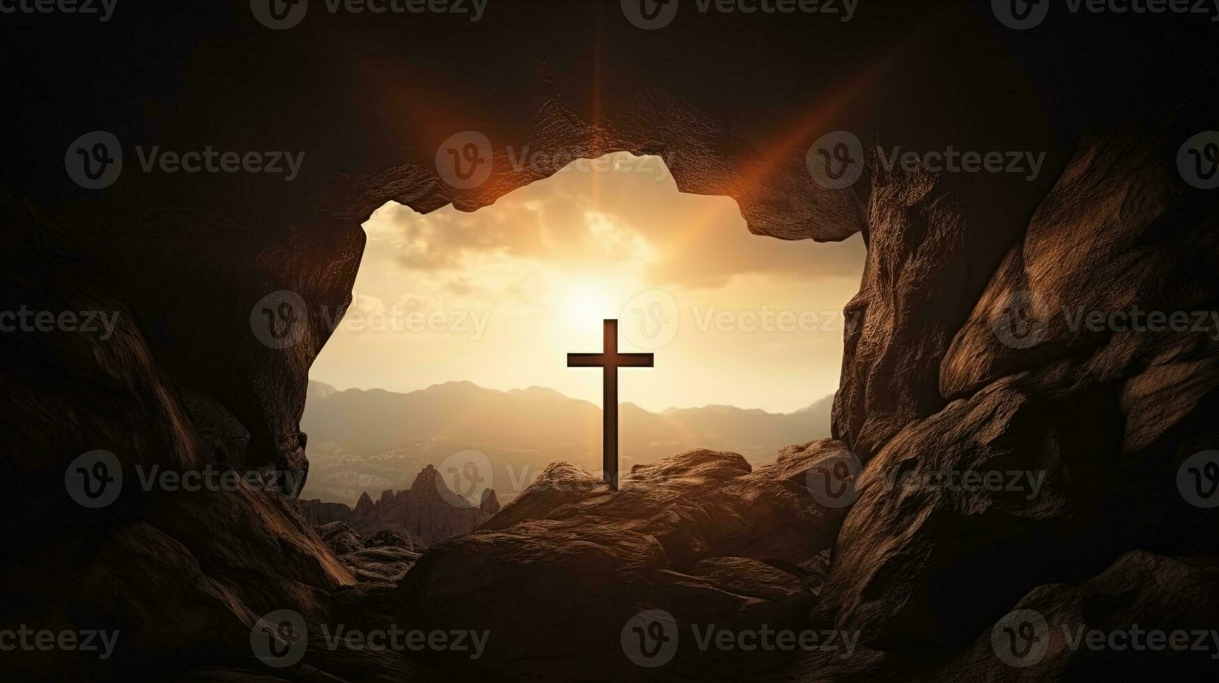 das Beerdigung Stelle von Jesus nach Kreuzigung und das Christian Glauben von Auferstehung Kreuzigung auf Hügel gemäß zu das Bibel. Silhouette Konzept foto
