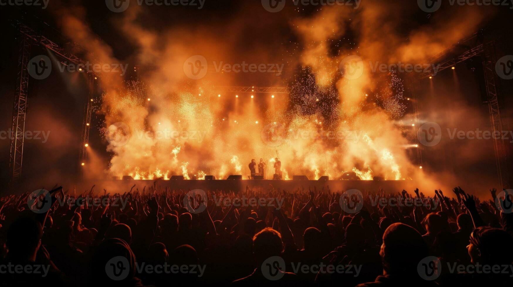 Konzert Menge Zeugen Feuer Funken. Silhouette Konzept foto