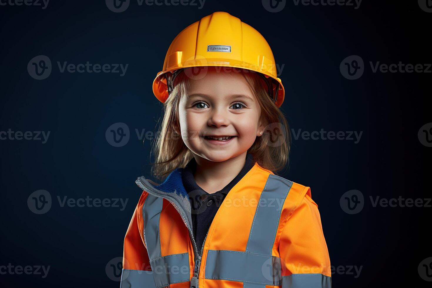 Porträt von ein lächelnd wenig Mädchen im ein Konstruktion Helm ai generiert foto