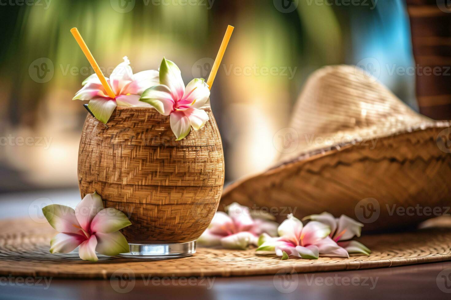 kostenlos Foto Kokosnuss Cocktail dekoriert Plumeria, Stroh Hut und Sonnenbrille auf das Tabelle Fotografie ai generieren