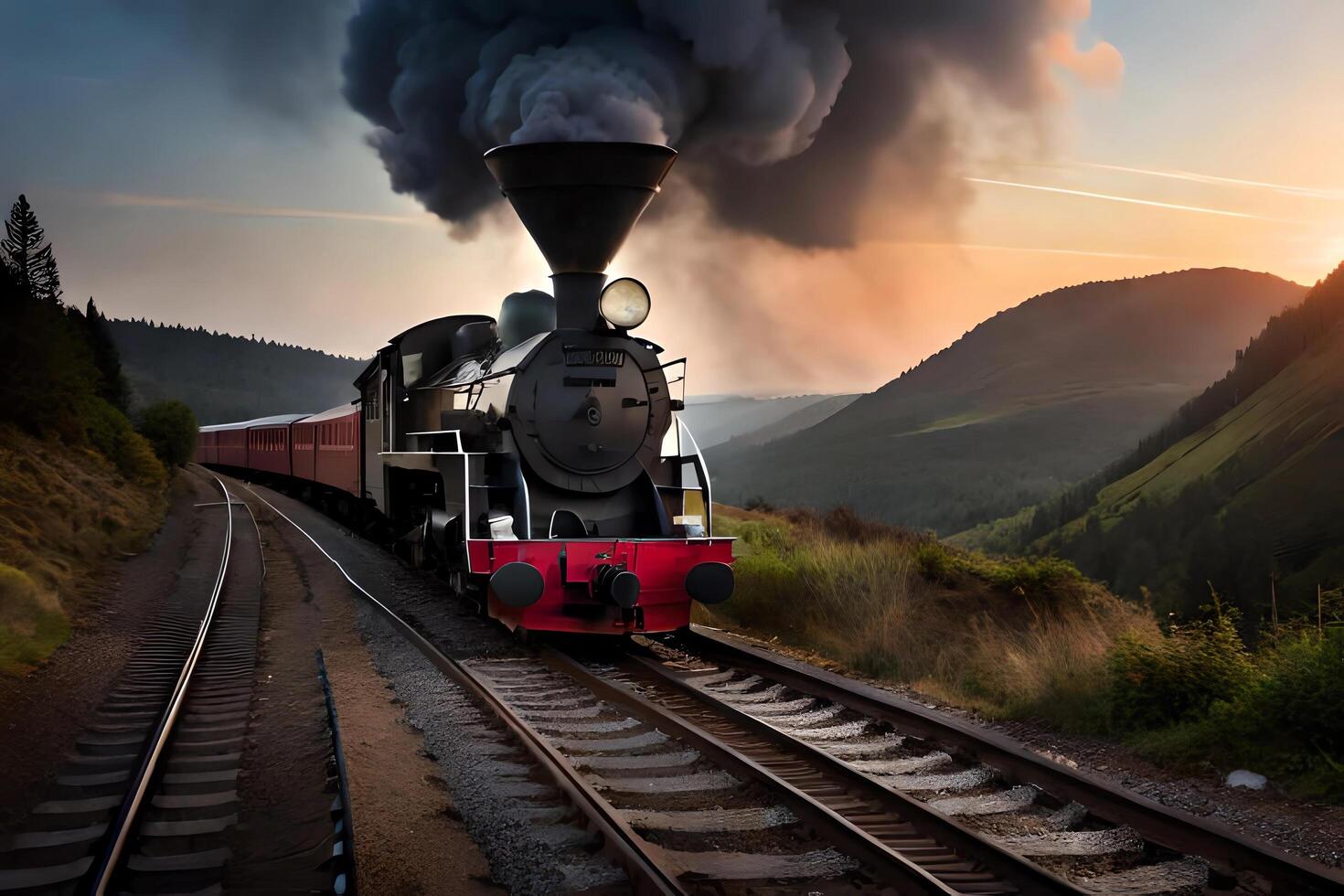 ai generativ, Stengel Lokomotive Zug mit schön Panorama foto