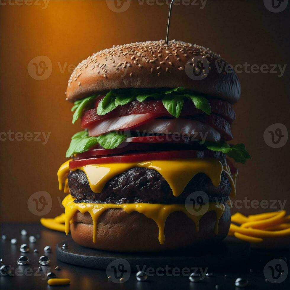 ein lecker Burger, mit ein perfekt gegrillt Pastetchen, geschmolzen Käse, knusprig Speck, frisch Grüner Salat ai generativ foto