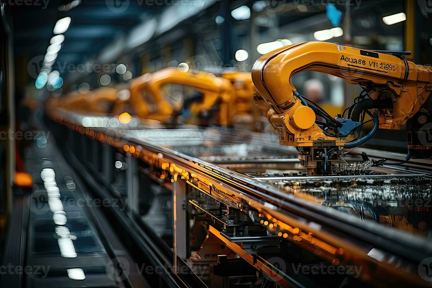 Roboter Arm System zum Fabrik Produktion. Automatisierung Herstellung Roboter - - ai generativ foto