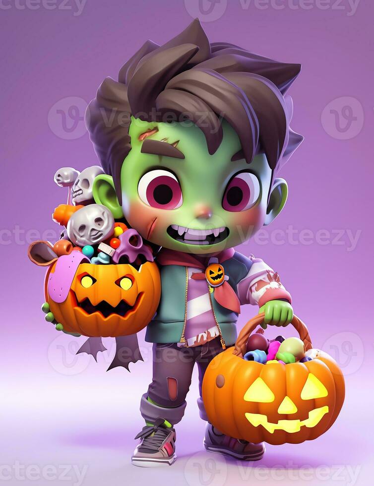 3d süß wenig Junge mit komisch Zombie Kostüm zum Halloween Party foto