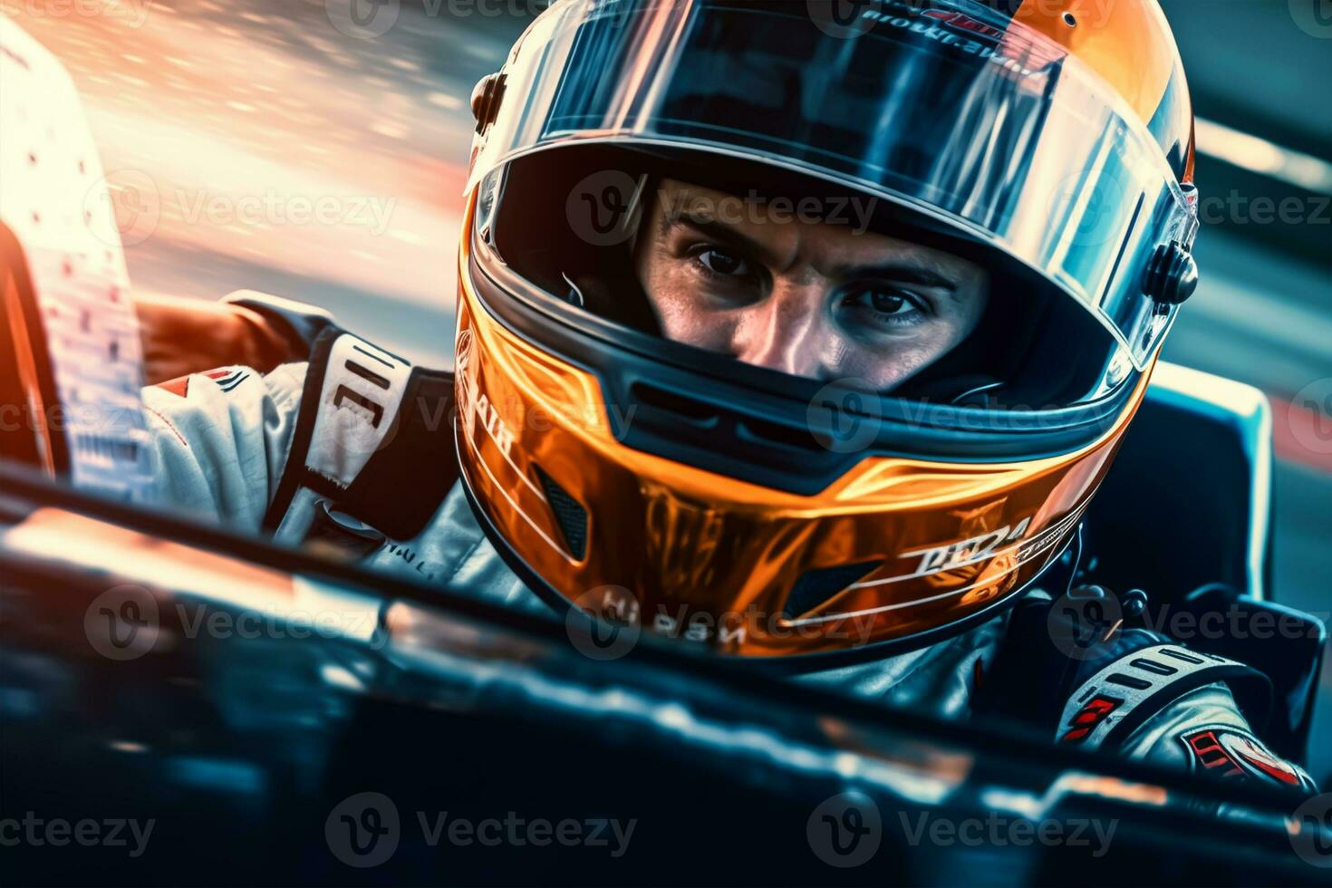 Nahansicht Porträt von ein jung Mann Fahren ein schnell Auto auf das Rennen Schiene. foto