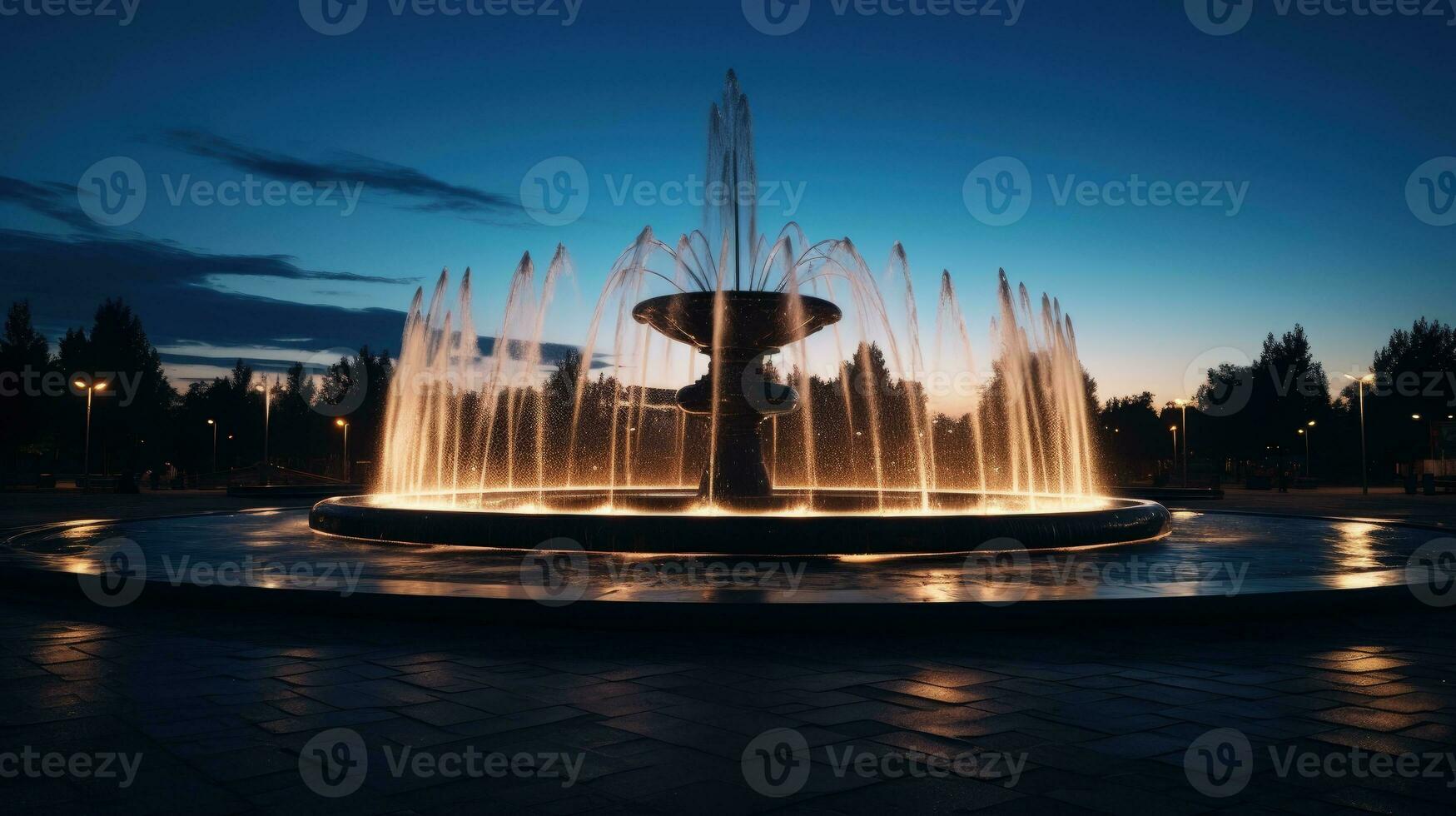 Abend Stadt von Sowjetsk im Kaliningrad Region mit ein Neu beleuchtet Brunnen gesehen von unter. Silhouette Konzept foto