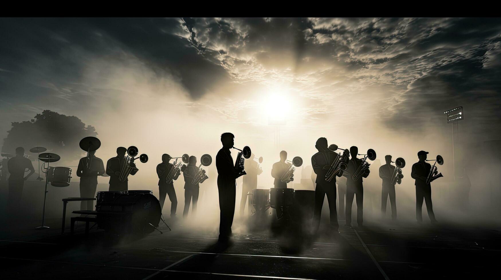 hoch Schule Musiker ausführen beim ein Fußball Spiel. Silhouette Konzept foto