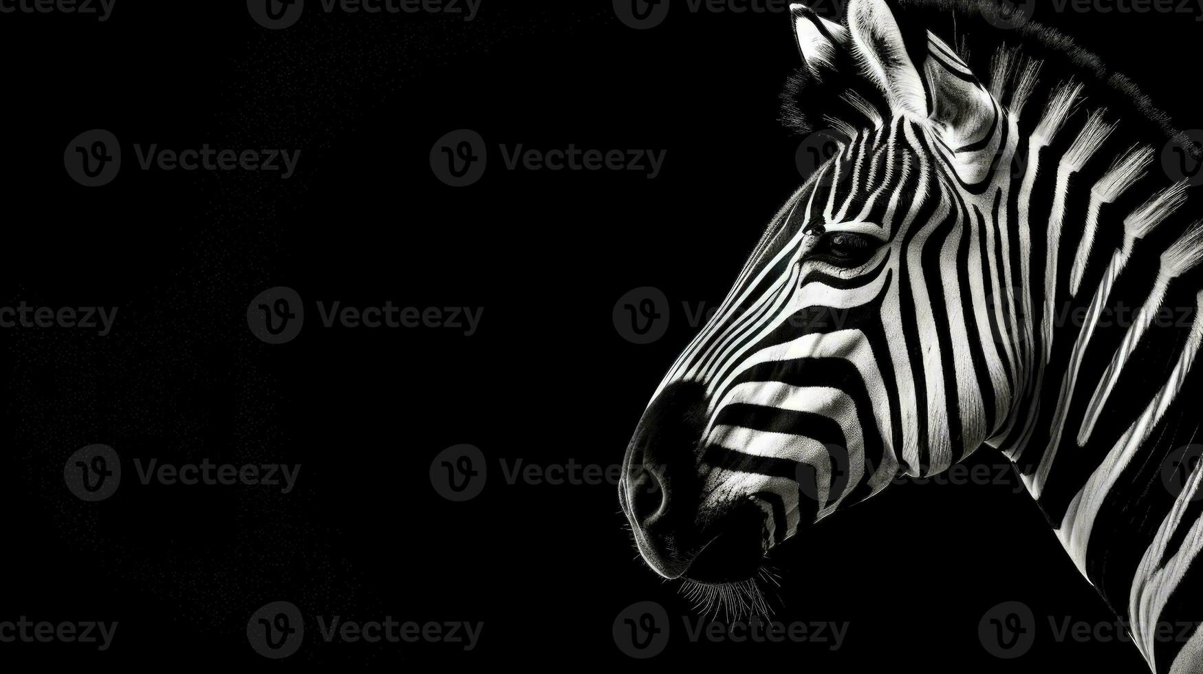 schwarz und Weiß Foto von ein Zebra Kopf auf ein schwarz Hintergrund isoliert Seite Sicht. Silhouette Konzept