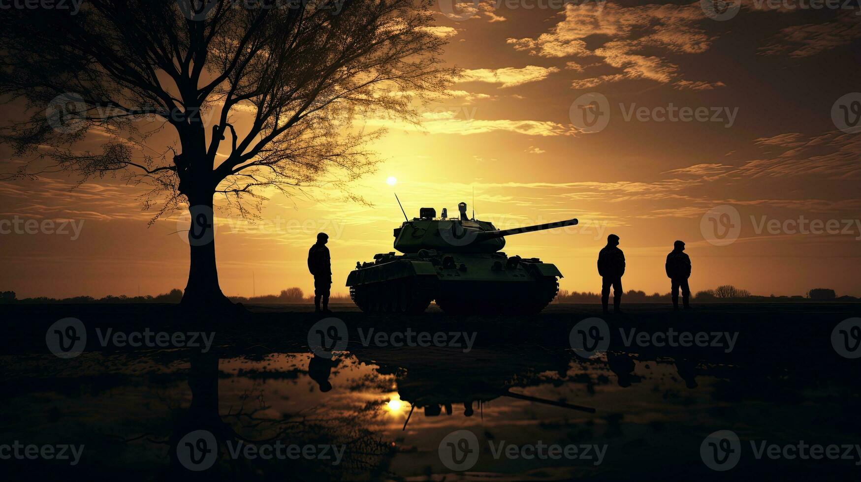 Feld mit Baum Panzer Silhouetten foto