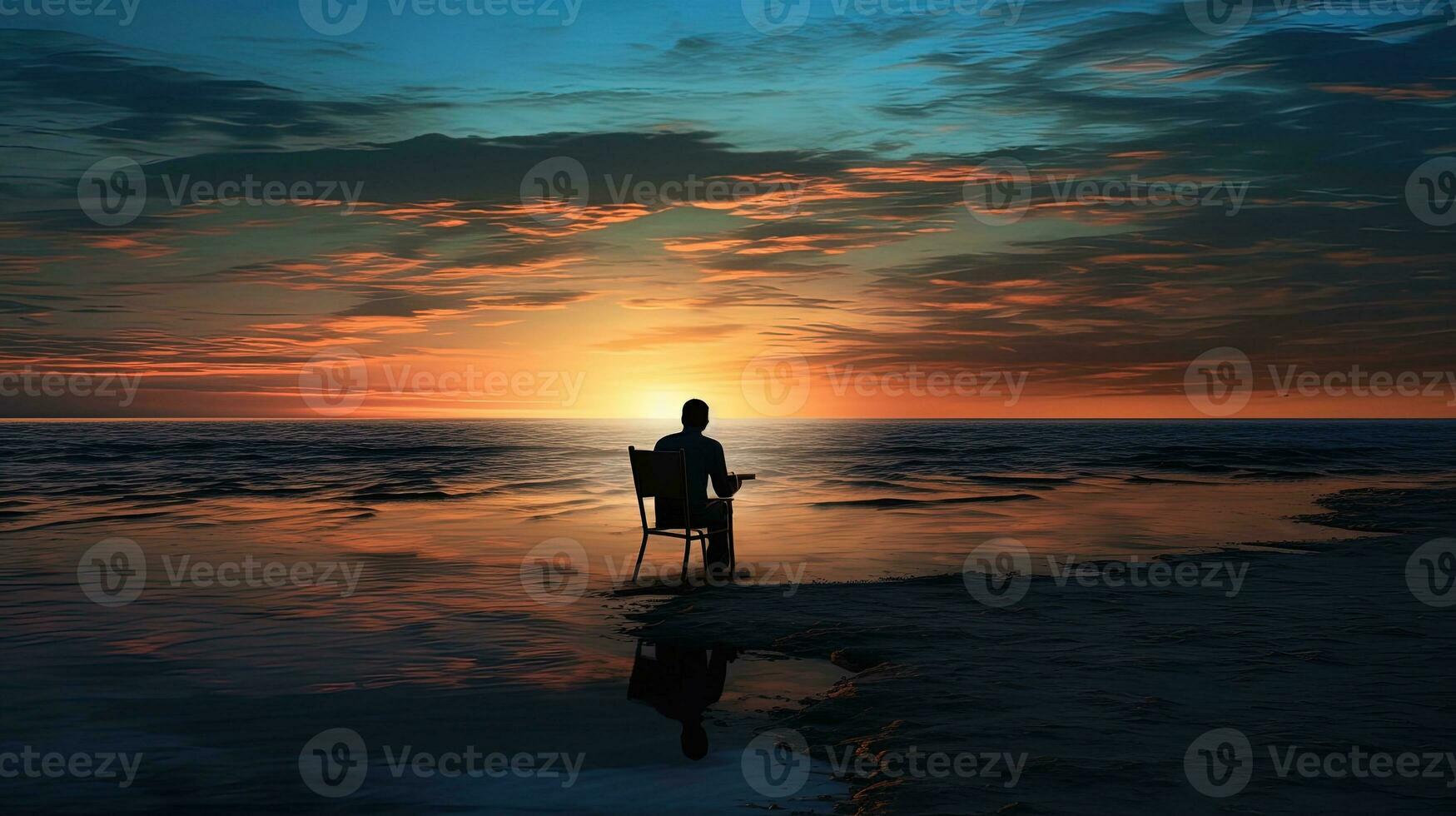 das Mann sitzend Strand. Silhouette Konzept foto